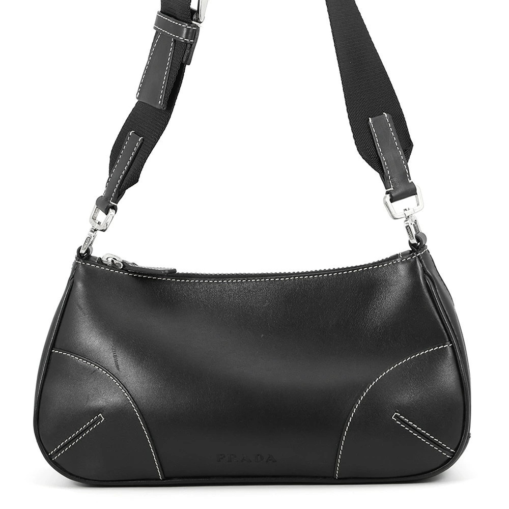Prada Shoulder Bag Stitch Leather Black
